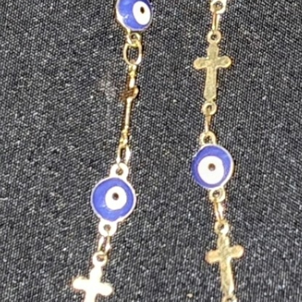 Gold Tone & Blue Evil Eye Cross Necklace